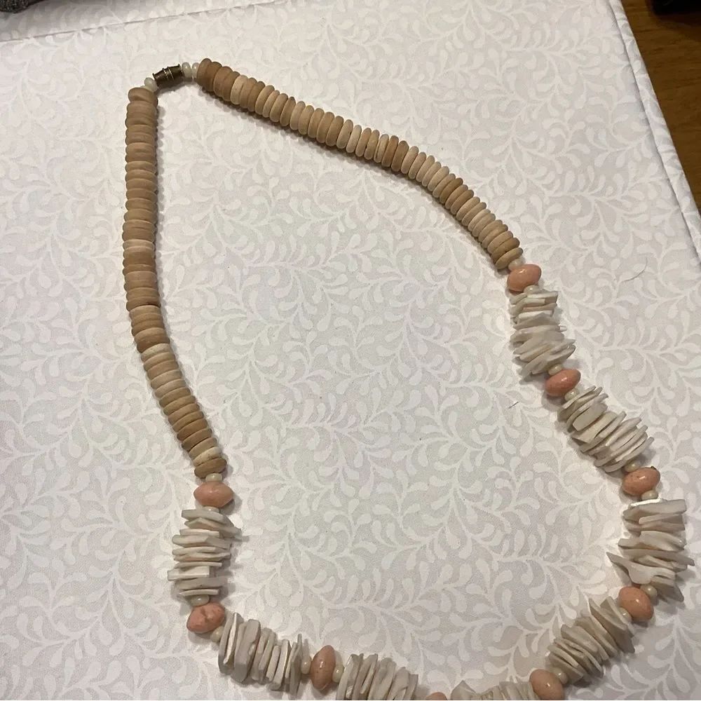 Beige and Ivory Shell Beaded Necklace with Peach Accents